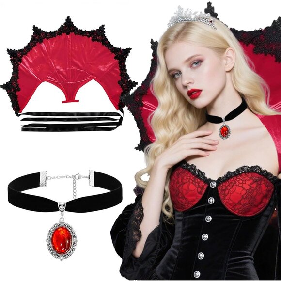 Gothic Collar Red Lace Victorian Stand Up Vampire Cosplay Halloween - Picture 1 of 9